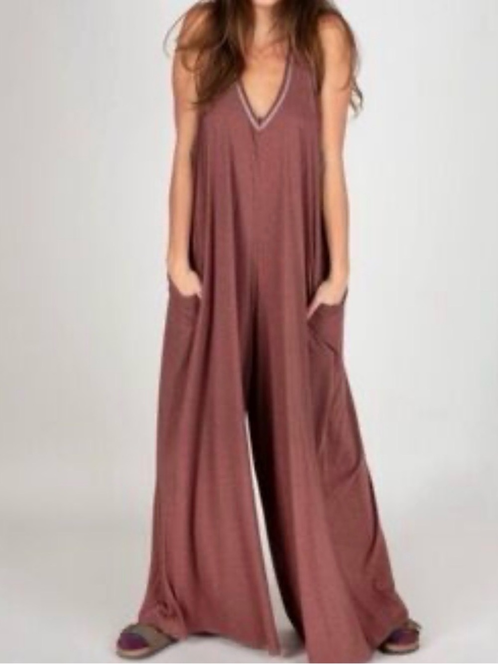 NATURAL LIFE Dusty Rose Wide Leg Sleeveless Jumpsuit One Size Pockets Boho